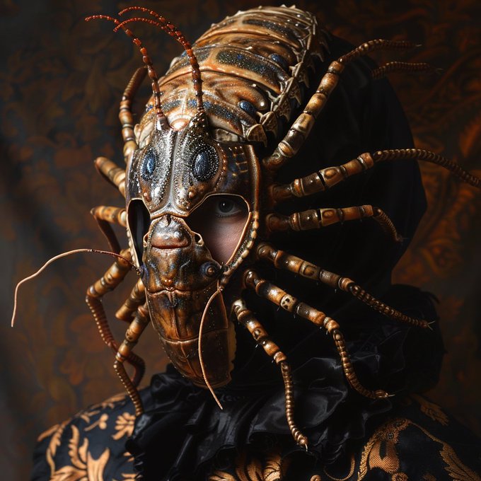 A photorealistic portrait of a person wearing an ornate metallic mask resembling a centipede or crustacean, with segmented bronze-colored legs extending outward, set against dark ornate wallpaper.