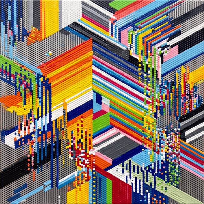 Vibrant abstract artwork with textured, bead-like patterns creating geometric shapes in rainbow colors against a black, white, and gray background.