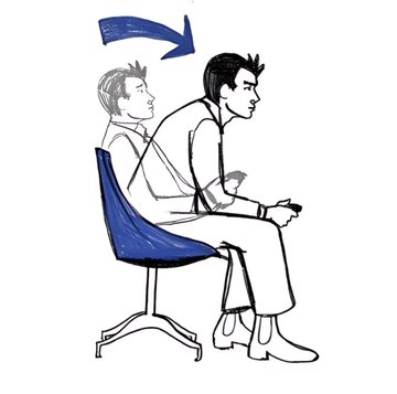 Simple line drawing/scribble illustration showing a person sitting in a chair leaning back (indicated by a blue arrow), with another figure leaning forward, demonstrating poor sitting posture.