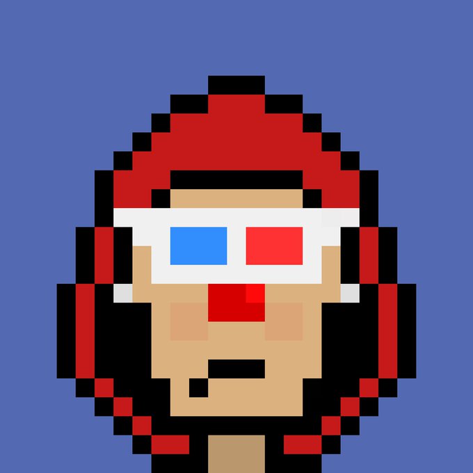 A pixel art portrait of a character wearing a red hood and red-blue 3D glasses against a blue background.