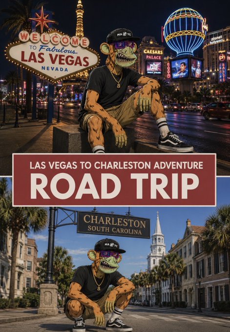 A travel graphic advertising a 'Las Vegas to Charleston Adventure Road Trip,' featuring an illustrated cartoon character in front of Las Vegas landmarks and a Charleston street sign.
