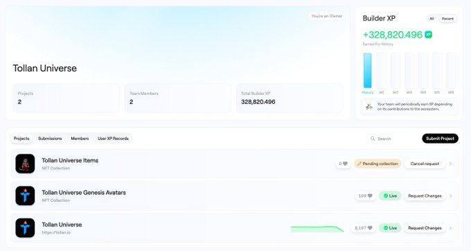 The image shows the Builder XP dashboard for Tollan Universe on the AbstractChain portal, displaying 328,820,496 Builder XP earned and a history chart spanning W1-W6, along with project listings showing "Tollan Universe Items" (Pending collection), "Tollan Universe Genesis Avatars" (Live, 120 points), and "Tollan Universe" (Live, 8,197 points). This dashboard visually distinguishes Builder XP (earned by team contributions) from User XP, helping clarify the common confusion noted in the post about why these two metrics aren't comparable.