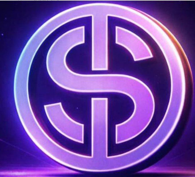 A glowing purple and neon circular logo featuring a stylized 'S' or dollar sign design.