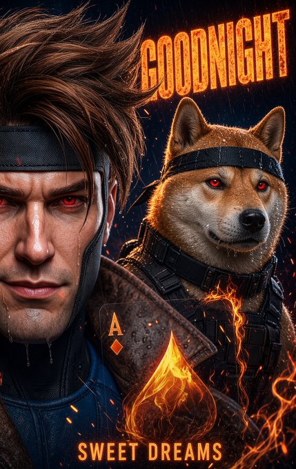 A stylized digital artwork depicts a man with a headband alongside a Shiba Inu dog wearing a bandana, with the text 'GOODNIGHT' at the top and 'SWEET DREAMS' at the bottom over a flame graphic.