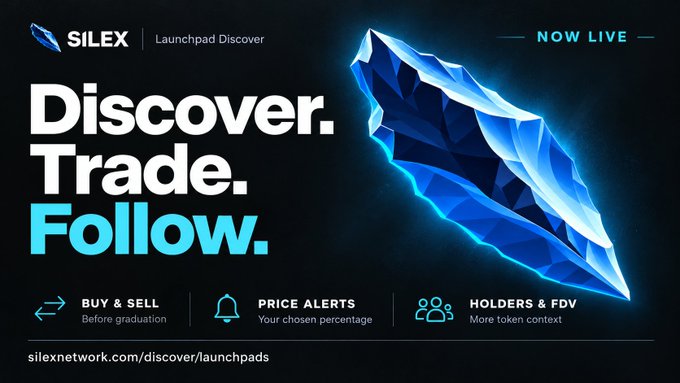 A promotional banner for 'SILEX' with the tagline 'Discover. Trade. Follow.' and the URL 'silexnetwork.com/discover/launchpads', highlighting features like Buy & Sell, Price Alerts, and Holders & FDV.