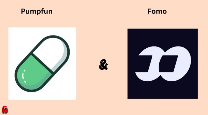 A graphic comparing two cryptocurrency platforms, showing the Pumpfun pill logo and the Fomo logo separated by an ampersand on a peach background.