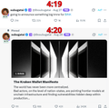 A low-resolution screenshot of a social media thread showing timestamps '4:19' and '4:20', a video thumbnail with hands, and the title 'The Broken Bible Manifesto'.