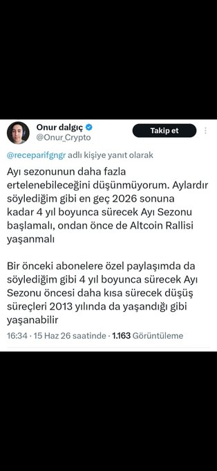 A Turkish tweet from crypto analyst @Onur_Crypto (@Onur_Crypto) discussing a "4-year bull season" (Ay Sezonu) extending until late 2026, mentioning an "Altcoin Rally" and referencing 2013 as a similar historical pattern, with 1,163 views posted on June 15.