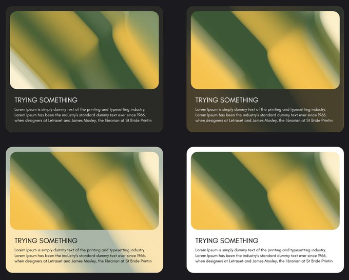A design template showing four card layouts with green and yellow abstract blur images, each titled 'TRYING SOMETHING' with Lorem ipsum placeholder text.
