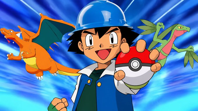 An illustration of Ash Ketchum from Pokémon holding a Pokéball, with Charizard flying on the left and Grovyle on the right, set against a blue dynamic background.
