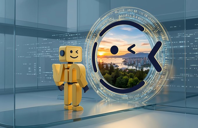 Digital artwork of a yellow toy-like figure standing next to a large circular portal displaying a sunset cityscape, with a winking emoticon face overlaid on the portal.