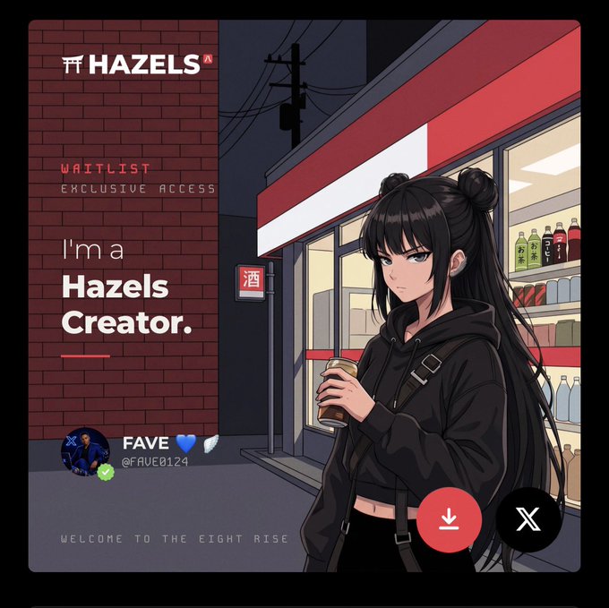 A digital graphic titled 'HAZELS WAITLIST EXCLUSIVE ACCESS' features an anime-style woman holding a drink outside a storefront, with text reading 'I'm a Hazels Creator' and a user handle '@FAVE0124'.