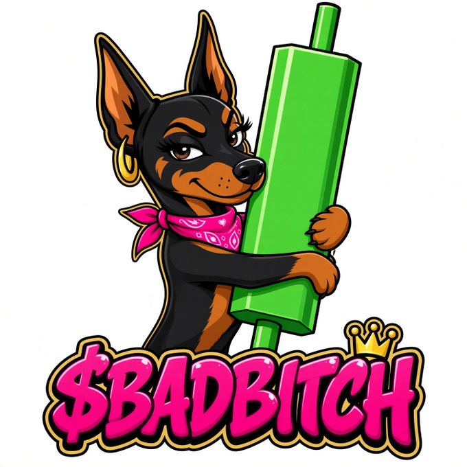 A cartoon logo featuring a Doberman Pinscher wearing a pink bandana and gold hoop earrings, hugging a green rolling pin, with the text '$BADBITCH' displayed in pink bubble letters below.