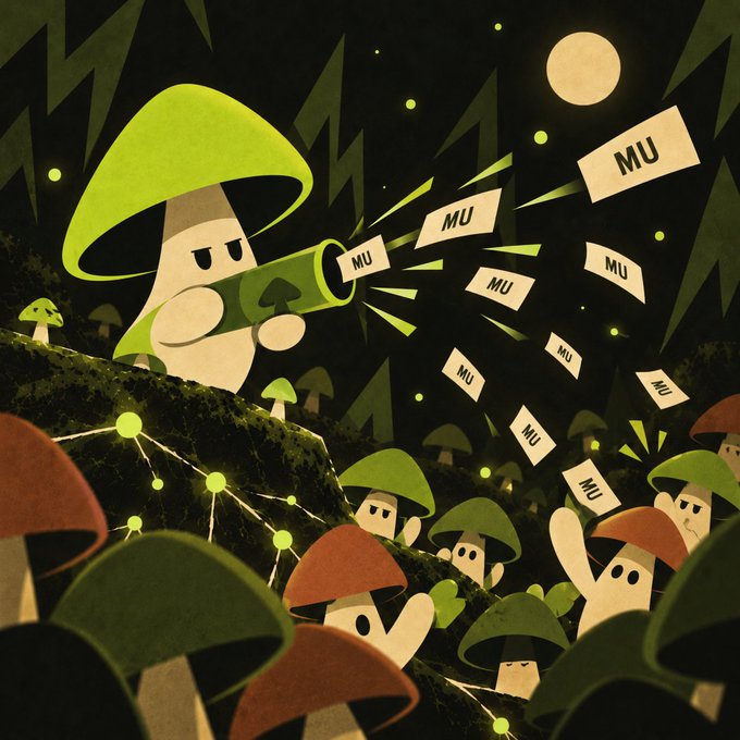 A stylized illustration shows a large mushroom character firing a gun that shoots papers labeled "MU" into a crowd of smaller mushrooms under a full moon.