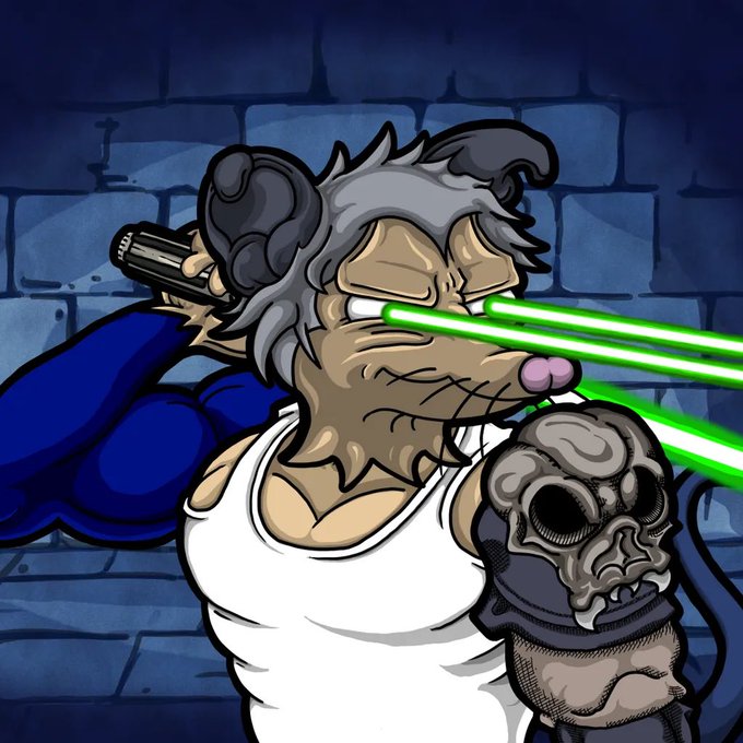 A digital cartoon illustration of a battle-worn anthropomorphic rat character in a white tank top shooting green laser beams from its eyes, with a skull-headed figure beside it.