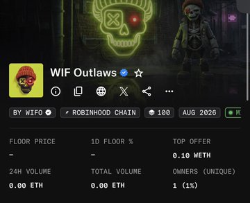 A WIF Outlaws NFT project page on OpenSea shows key metrics including 100 total supply, 1 unique owner (1%), a top offer of 0.10 ETH, and 0.00 ETH in volume, with the collection launching on the Robinhood Chain in August 2026. The image illustrates the early stage of the project being referenced in the post, where someone placed a 0.5 ETH offer before the mint—significantly above the current 0.10 ETH top offer—suggesting anticipation of a major price surge ("cook") after minting.