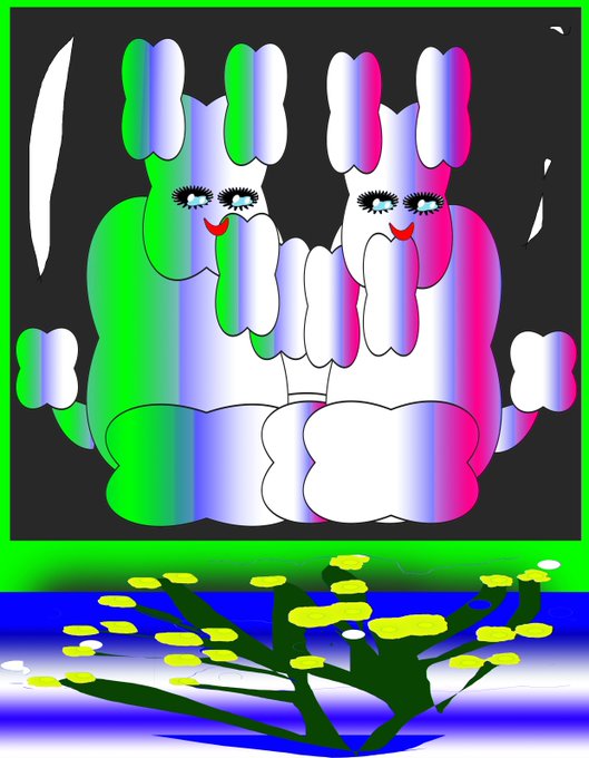 A colorful, psychedelic digital artwork featuring two smiling rabbit-like creatures in green-to-pink gradients above a surreal landscape with a dark green tree and yellow flowers.