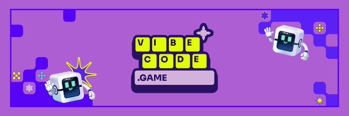 A vibrant purple promotional banner for Vibe Code Game featuring two white robot characters alongside keyboard-style lettering that spells "VIBE CODE GAME," with a ".GAME" text input bar, visually matching the announcement of Vibecode Game's AI gaming hub launch with Yield Guild.