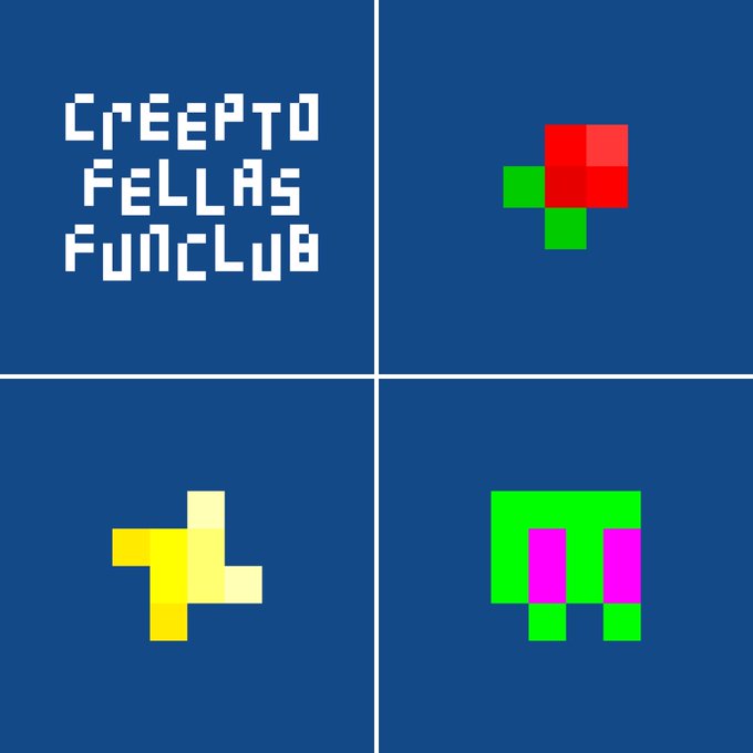 A 2x2 grid of pixel art on a dark blue background featuring the text 'CreepTo Fellas FunClub' and three colorful abstract pixel characters.
