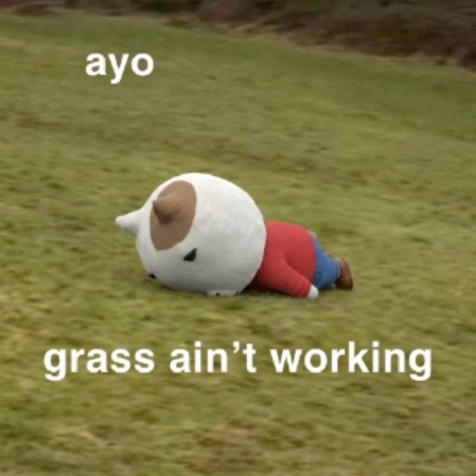 A plush cow toy lies face-down in the grass with the caption "ayo" above and "grass ain't working" below. The image humorously visualizes the post's sentiment by showing the cow character already face-down in the grass, implying that despite literally being on it, the grass still isn't providing the desired "big $KET energy."