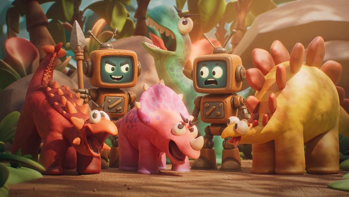 A vibrant 3D-rendered scene features two anthropomorphic robot characters wielding spears alongside colorful, cartoonish dinosaurs—including an orange spiky dinosaur, a pink triceratops, and a yellow stegosaurus—gathered in a tropical setting. The whimsical, toy-like characters connect to the post celebrating Claynosaurz NFT holders and presale winners, as the image showcases the collection's signature claymation dinosaur aesthetic.