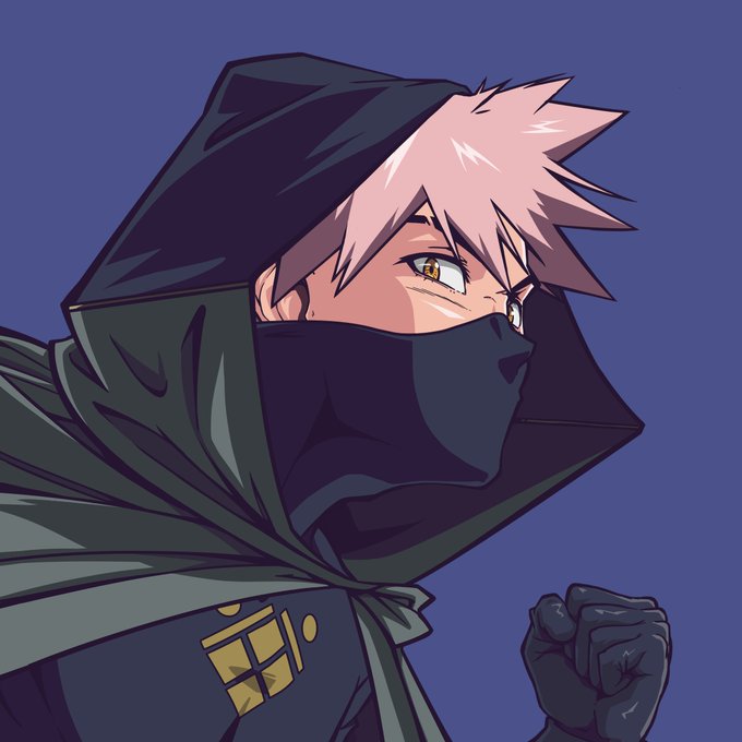 An anime-style illustration features a character with spiky pink hair, golden eyes, and a black hood and face mask, wearing a dark green cloak and clenching their gloved fist.