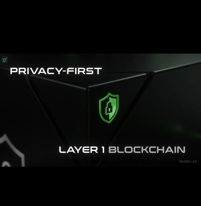 A promotional graphic with a dark geometric background featuring a green shield with a padlock icon, labeled 'PRIVACY-FIRST' at the top and 'LAYER 1 BLOCKCHAIN' at the bottom, with 'beldex.io' in the corner.