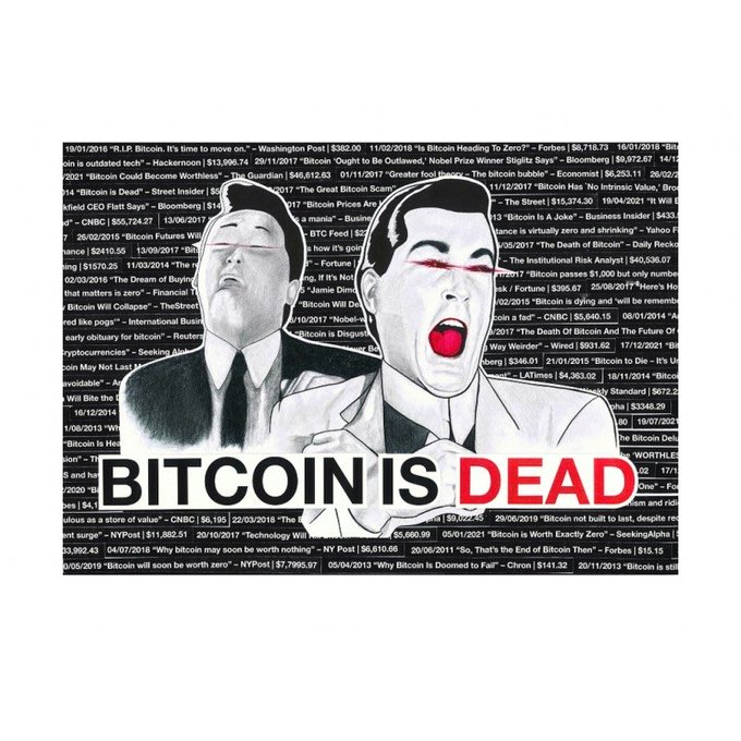 The image is a graphic titled "BITCOIN IS DEAD" featuring two drawn figures in suits screaming in panic, overlaid on a collage of news headlines declaring Bitcoin worthless or doomed (e.g., "Bitcoin is dying," "Bitcoin Goes To Zero"). It contrasts sharply with the caption, which mocks these doomsday predictions by noting Bitcoin was "chillin above 60k" despite countless death calls—a recurring pattern the artwork humorously highlights.