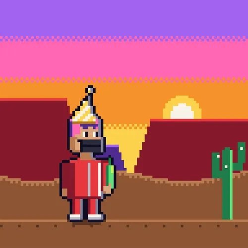 Pixel art illustration of a character wearing a red tracksuit and party hat in a stylized desert sunset landscape with cacti.