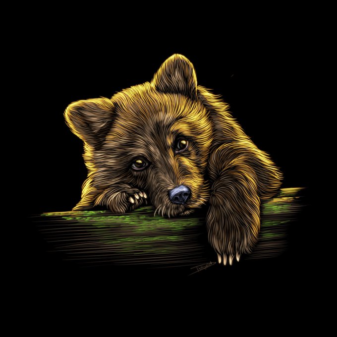 The image features a cute brown bear sitting on top of a tree branch, looking down at something below with its head resting on the branch. The background is black, which makes the bear stand out even more. The caption "Good morning! 'Bear' Nature Study # 28 0.06 ETH" suggests that this image might be related to a study or an article about bears in nature.