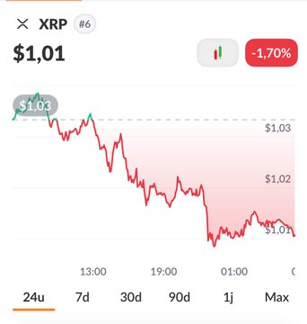 A 24-hour price chart for XRP showing a decline from $1.03 to $1.01, representing a -1.70% drop, which contrasts with the optimistic "rise and grind" message and suggests a minor dip in an otherwise bullish outlook.