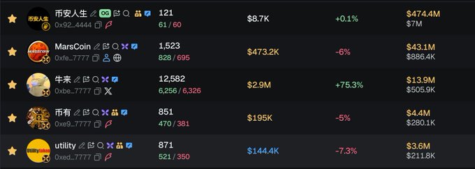 A dashboard displaying BSC meme coin tickers—including 币安人生, MarsCoin, 牛来, 币有, and utility—with market caps ranging from $3.6M to $474.4M and 24-hour changes spanning -7.3% to +75.3%, visually reinforcing the post's lament that speculative BSC memecoins surge wildly in bull runs while long-shot utility tokens hope merely to "break even."