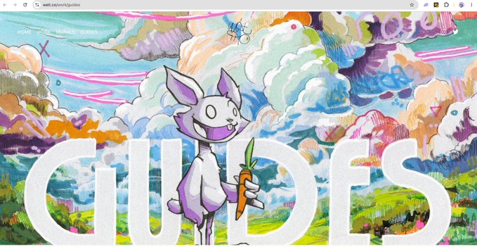 A colorful, whimsical illustration featuring a cartoon cat-like creature holding a carrot, set against a vibrant cloudy landscape, with large text reading 'GUIDES' and a browser URL bar showing 'web.cahiers/guiides'.