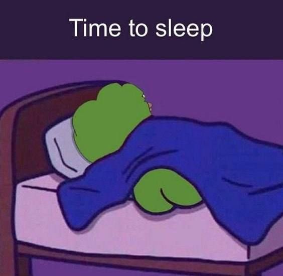 A cartoon image shows a green character tucked into a bed with a blue blanket under the text "Time to sleep," humorously suggesting the crypto community is signing off for the night with a hopeful blessing that BTC, USDT, and Solana will be favorable.