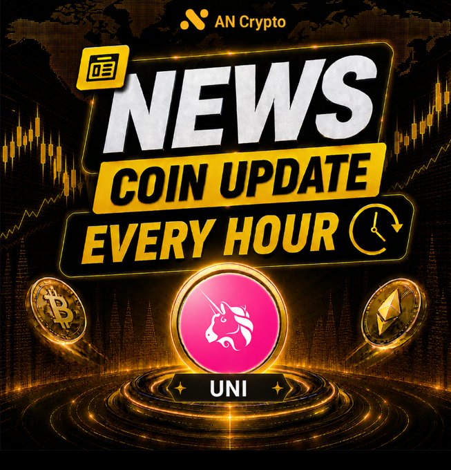 A promotional graphic for 'AN Crypto' featuring bold 'NEWS COIN UPDATE EVERY HOUR' text, a pink Uniswap (UNI) coin logo, and background charts.