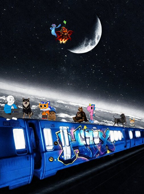 An artistic illustration shows a graffiti-covered blue train traveling through space, carrying cartoon animal characters with a crescent moon and a small rocket in the starry sky above.
