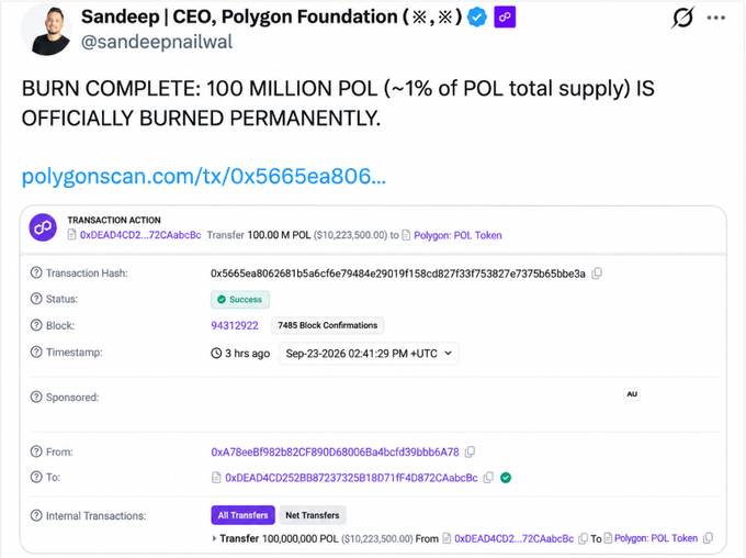 A tweet from Sandeep | CEO, Polygon Foundation (@sandeepnailwal) announcing 'BURN COMPLETE: 100 MILLION POL (~1% of POL total supply) IS OFFICIALLY BURNED PERMANENTLY' with a transaction success link.