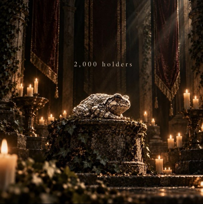 A stone toad statue sits atop a moss-covered pedestal in a candlelit cathedral, with the text "2,000 holders" glowing above it. The dark, ceremonial setting reinforces the post's theme of a secretive, exclusive community whose "inner circle" continues to expand.