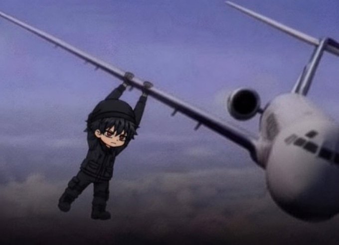 An anime-style image showing a small character in black tactical gear hanging from the wing of a large military cargo plane in flight.