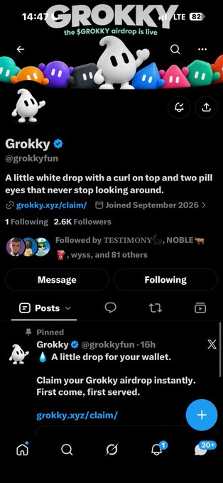 Screenshot of an X (Twitter) profile for "Grokky" (@grokkyfun) featuring a white pill-shaped character mascot, promoting a $GROKKY airdrop with a link to grokky.xyz/claim/.