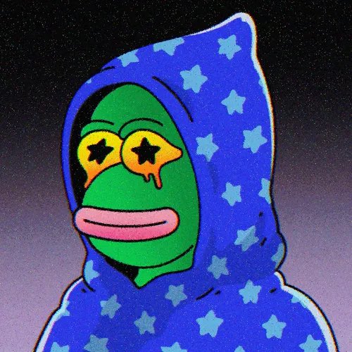 The image shows a cartoon Pepe the Frog character with starry, melting yellow eyes, wearing a blue star-patterned hoodie against a dark background—matching the "hoodiegroupies" NFT collection mentioned in the post about adding a new friend to his Pepe NFT wallet.
