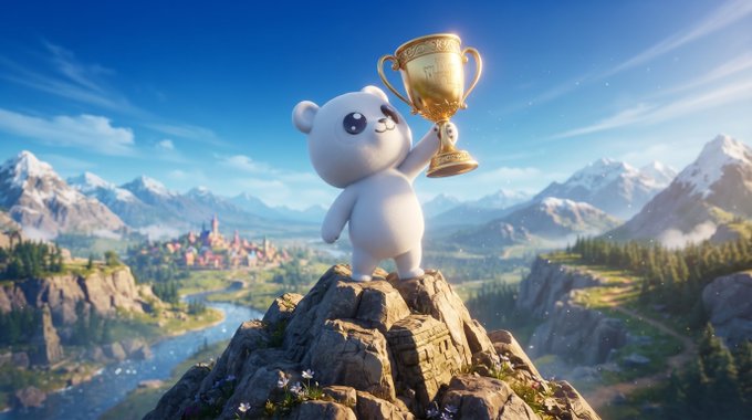 An animated white panda stands triumphantly atop a rocky mountain peak, holding up a golden trophy with one paw while overlooking a vast fantasy landscape with mountains, rivers, and distant castles.