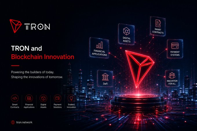 A dark promotional graphic for TRON featuring a glowing red 3D TRON logo on a pedestal against a cityscape backdrop, with surrounding nodes labeled "Smart Contracts," "Digital Assets," "Payment Systems," "Financial Applications," "DeFi," and "Innovation for All." The headline reads "TRON and Blockchain Innovation — Powering the builders of today. Shaping the innovations of tomorrow," with tron.network listed at the bottom, visually reinforcing the post's emphasis on TRON's role as infrastructure for smart contract and decentralized application development.