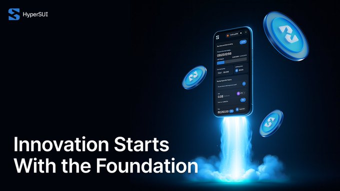 A promotional graphic with the text "Innovation Starts With the Foundation" and the "HyperSUI" logo, featuring a smartphone launching upwards like a rocket with blue flames, surrounded by floating blue coins.