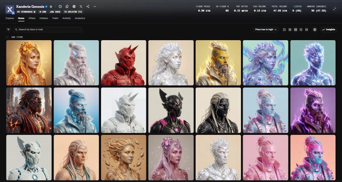 An NFT marketplace listing titled 'Xandria Genesis' displays a grid of 21 fantasy character portraits, including humans, elves, and demonic figures, with floor price and volume statistics visible in the top menu.