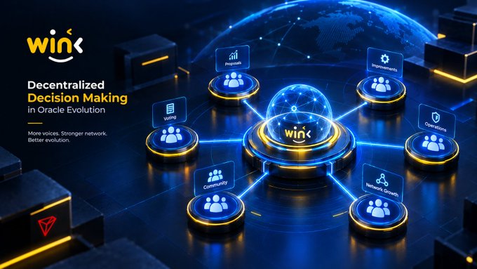 A promotional graphic for Wink showing 'Decentralized Decision Making in Oracle Evolution' with the tagline 'More voices. Stronger network. Better evolution.' and connected nodes labeled Proposals, Improvements, Operations, Network Growth, Community, and Voting.