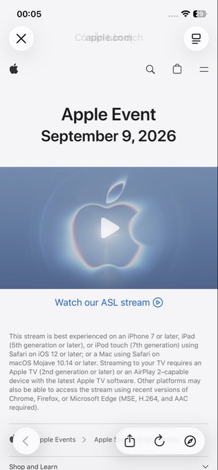 A screenshot of Apple's website showing an "Apple Event September 9, 2026" announcement with a blue gradient background featuring the Apple logo and information about the ASL stream.