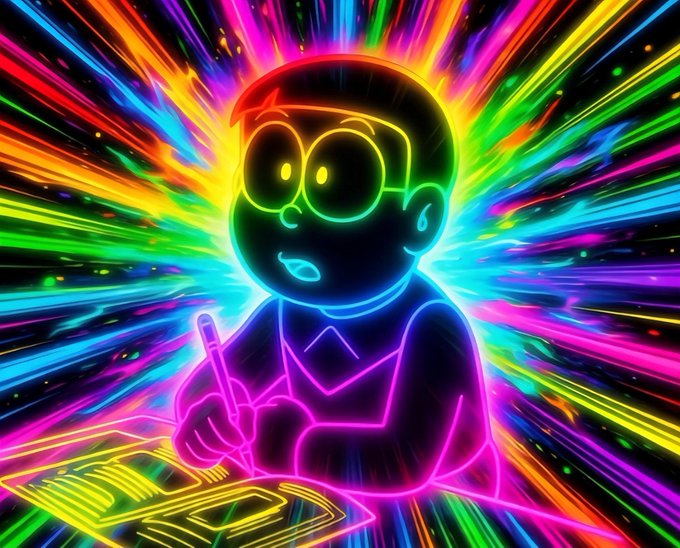 A vibrant neon-style illustration depicts a cartoon character with glasses writing on a notepad, surrounded by explosive rainbow light rays radiating outward. The image's intense, electrifying energy visually amplifies the post's exclamation "Altturn!!!?", suggesting a shocking or pivotal moment of revelation.