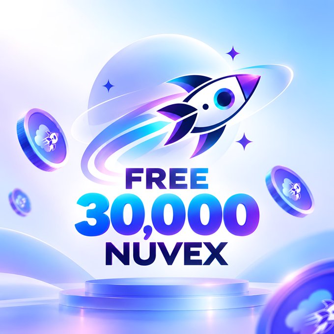 The image features a stylized rocket ship blasting off with a purple and blue gradient design, surrounded by floating coin-like tokens with rocket logos, all set against a cosmic background with sparkles. Bold text in the center reads "FREE 30,000 NUVEX," directly advertising the post's giveaway offer of 30,000 $NUVEX tokens.