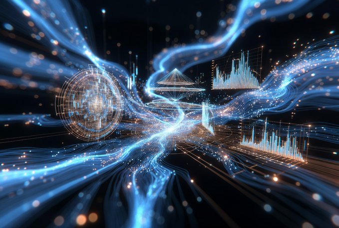 The image features a futuristic scene with blue lines and dots, possibly representing data or information. It appears to be an abstract representation of a complex system or network, which could be related to finance or technology. The image also includes a quote from @quipnetwork that talks about the use of quantum processors for portfolio optimization and risk modeling in finance. This suggests that the image is connected to the post discussing the application of Quantum processors in finance.